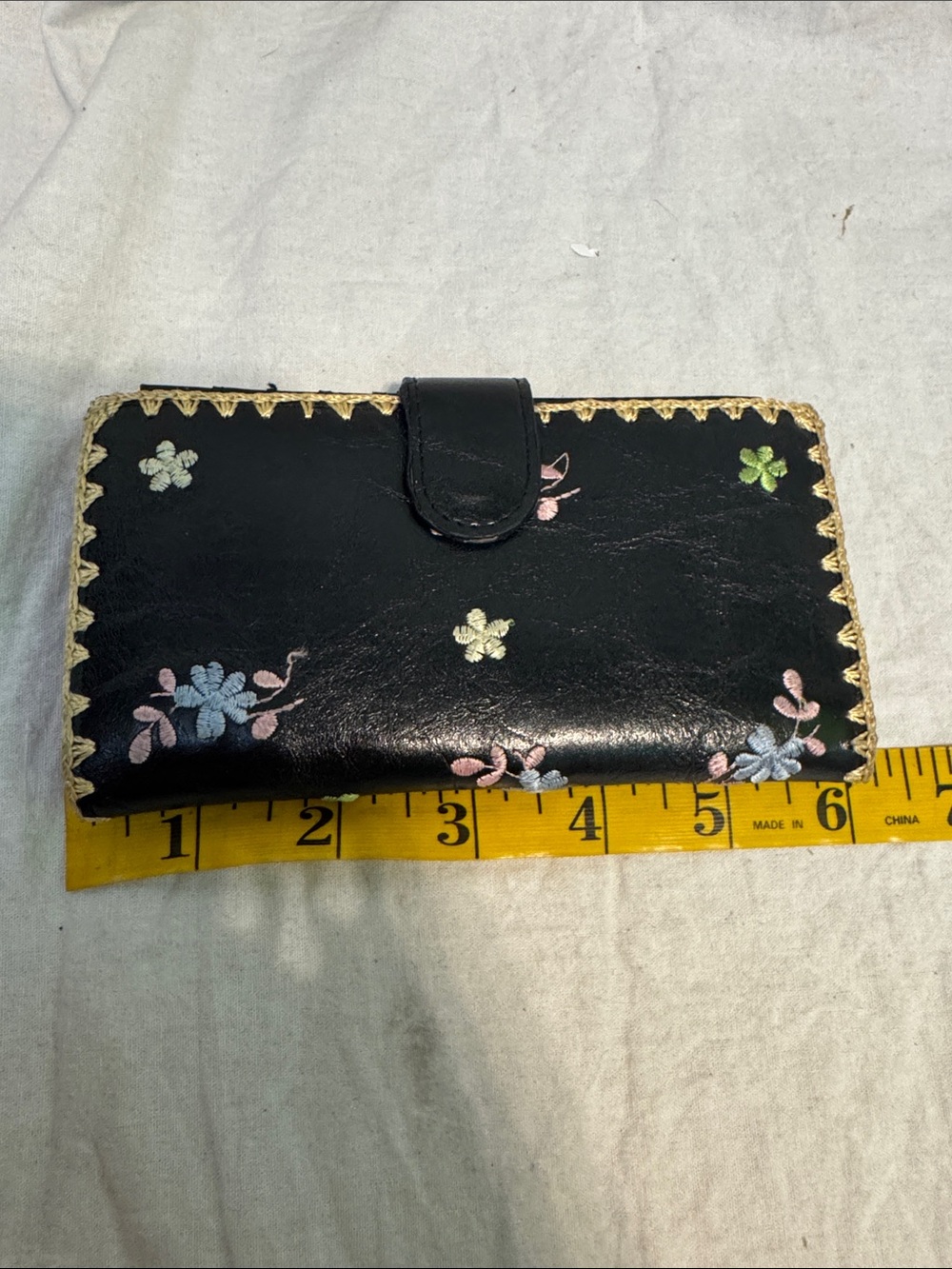 Black Floral Embroidered Women’s Wallet - Small Clasp Closure